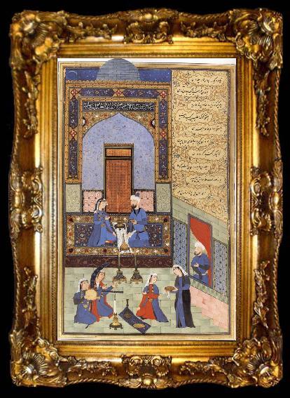 framed  Ali She Nawat Prince Bahram-i-Gor,dressed in blue,listen to the tale of the Princess of the Blue Pavilion, ta009-2